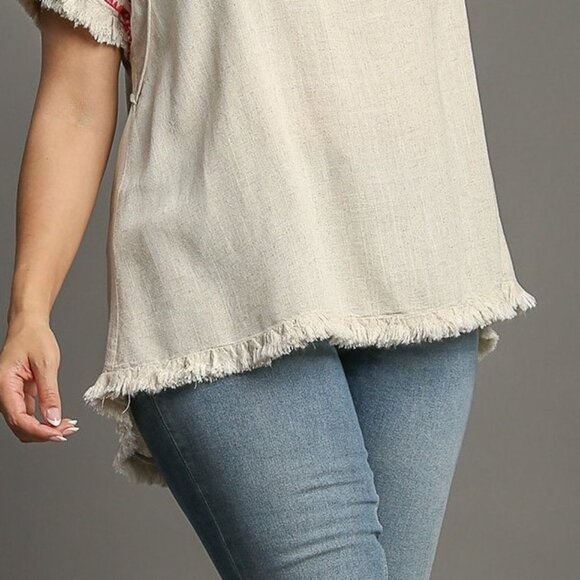 Embroidered Sleeves Linen Cotton Blend Round Neck w/ Frayed High Low Hem - Picture 6 of 14